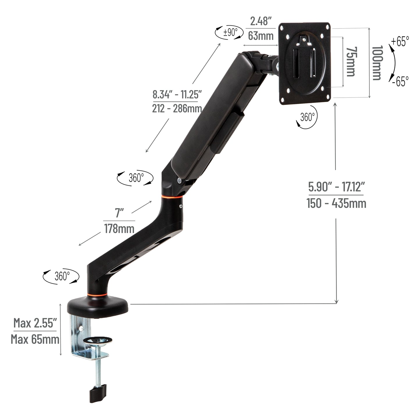 Mind Reader Counter-Balance Gas Spring Monitor Arm, 13"-32" Single Desk Mount, 180° Rotation, Tilt ±65°, Swivel ±180°, VESA 75x75/100x100, 19.8 lb Load, Cable Management, Black