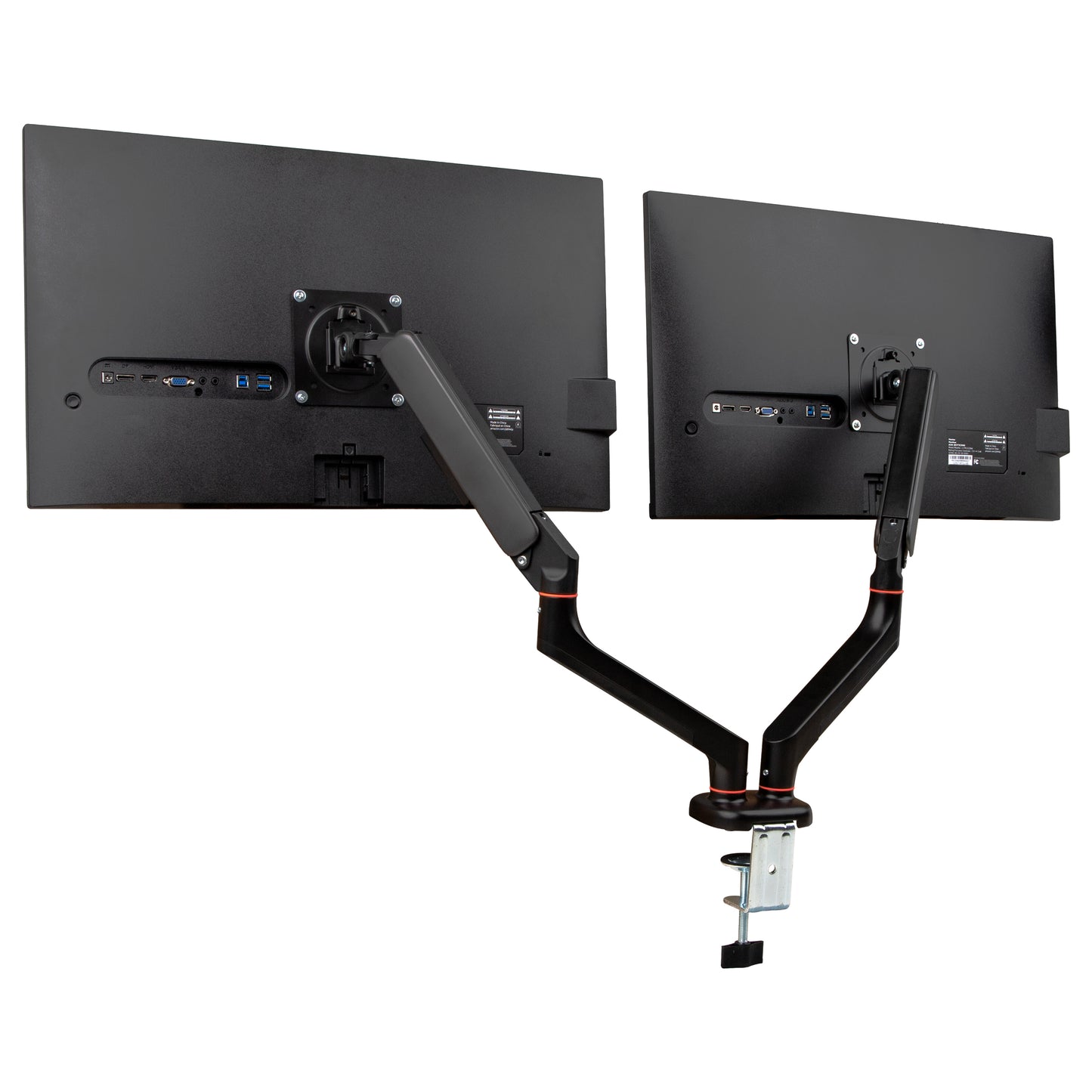 Mind Reader Dual Monitor Gas Spring Desk Mount, Counter-Balance Arm for 13"–32" Monitors, VESA 75x75 / 100x100, ±180° Rotation, ±65° Tilt, ±180° Swivel, 19.8 lb Capacity Each, Cable Management, Black