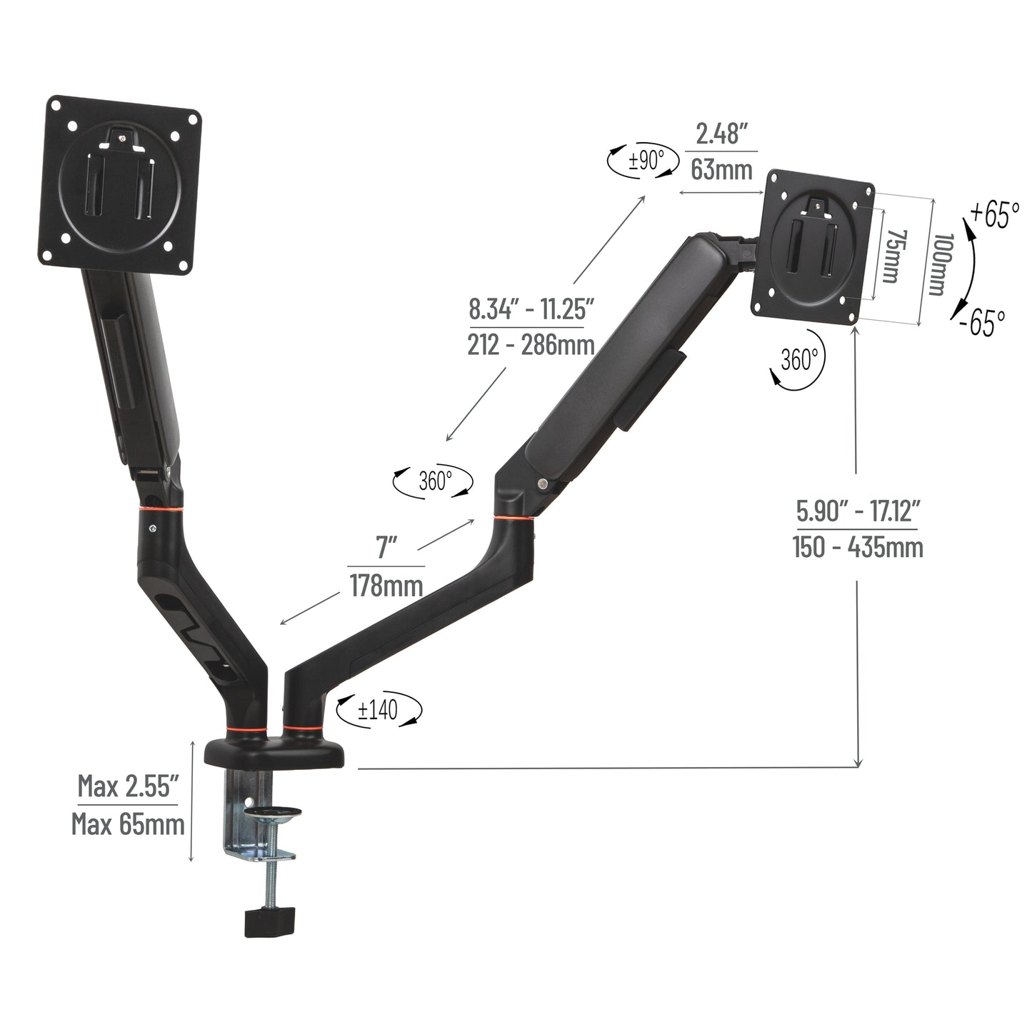 Mind Reader Dual Monitor Gas Spring Desk Mount, Counter-Balance Arm for 13"–32" Monitors, VESA 75x75 / 100x100, ±180° Rotation, ±65° Tilt, ±180° Swivel, 19.8 lb Capacity Each, Cable Management, Black
