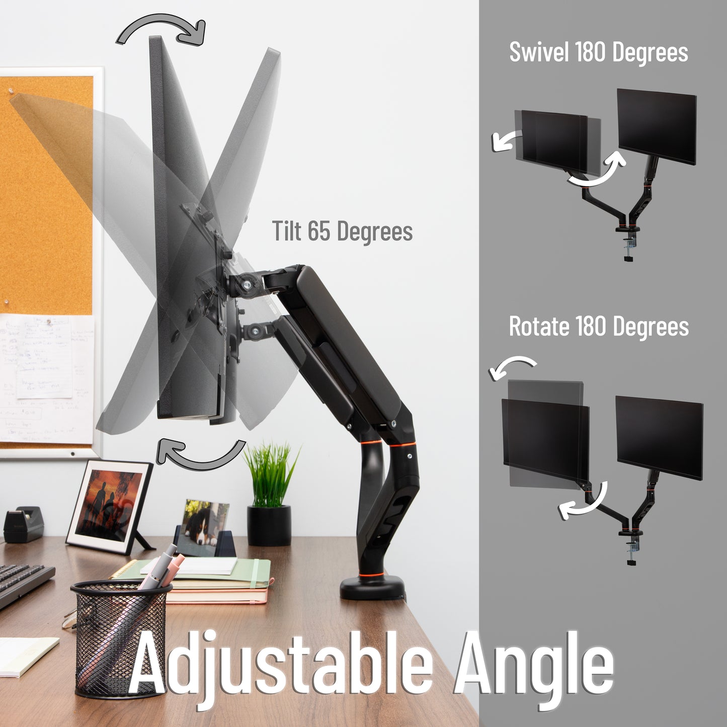 Mind Reader Dual Monitor Gas Spring Desk Mount, Counter-Balance Arm for 13"–32" Monitors, VESA 75x75 / 100x100, ±180° Rotation, ±65° Tilt, ±180° Swivel, 19.8 lb Capacity Each, Cable Management, Black