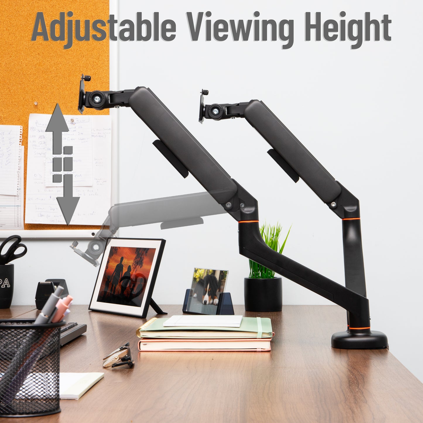 Mind Reader Dual Monitor Gas Spring Desk Mount, Counter-Balance Arm for 13"–32" Monitors, VESA 75x75 / 100x100, ±180° Rotation, ±65° Tilt, ±180° Swivel, 19.8 lb Capacity Each, Cable Management, Black