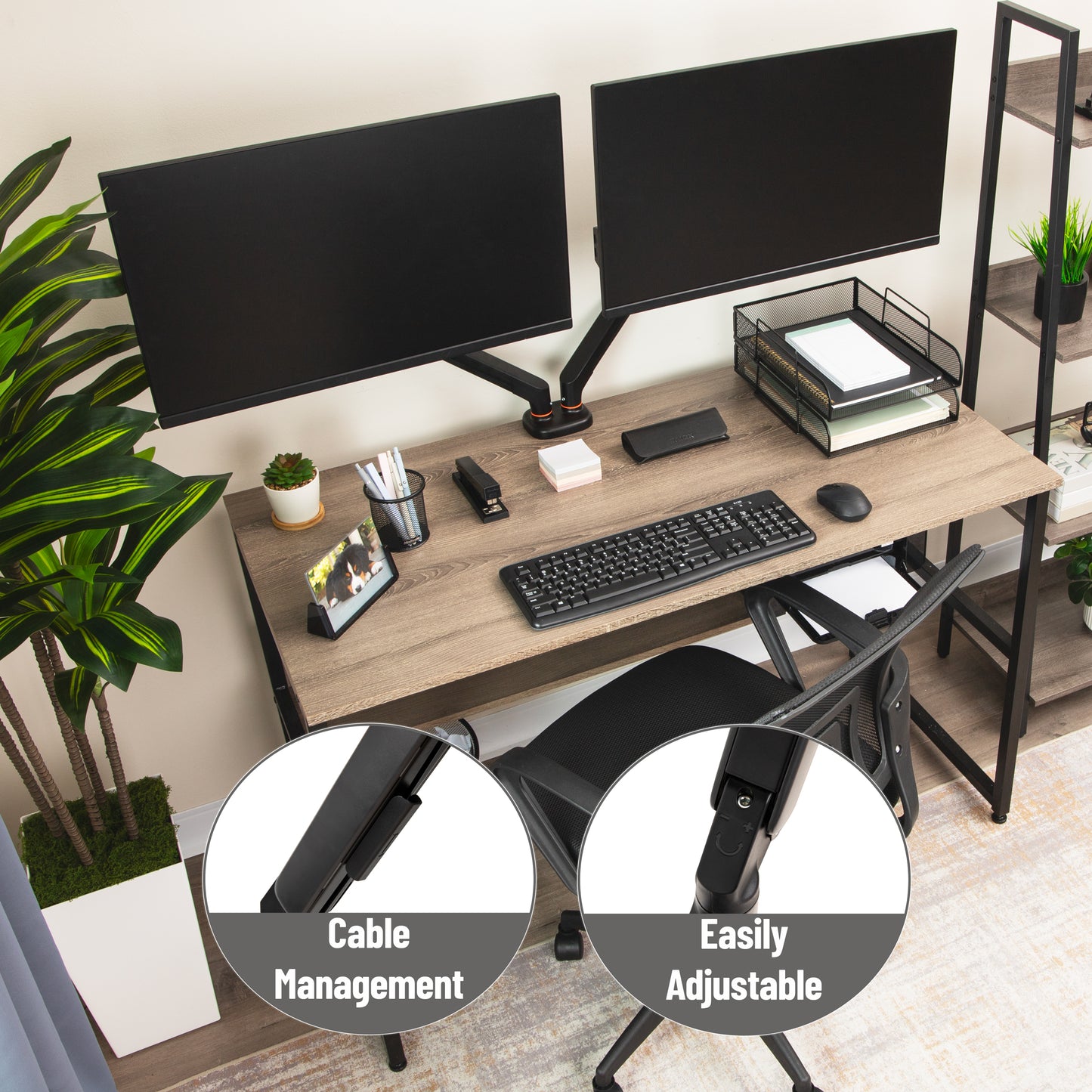 Mind Reader Dual Monitor Gas Spring Desk Mount, Counter-Balance Arm for 13"–32" Monitors, VESA 75x75 / 100x100, ±180° Rotation, ±65° Tilt, ±180° Swivel, 19.8 lb Capacity Each, Cable Management, Black