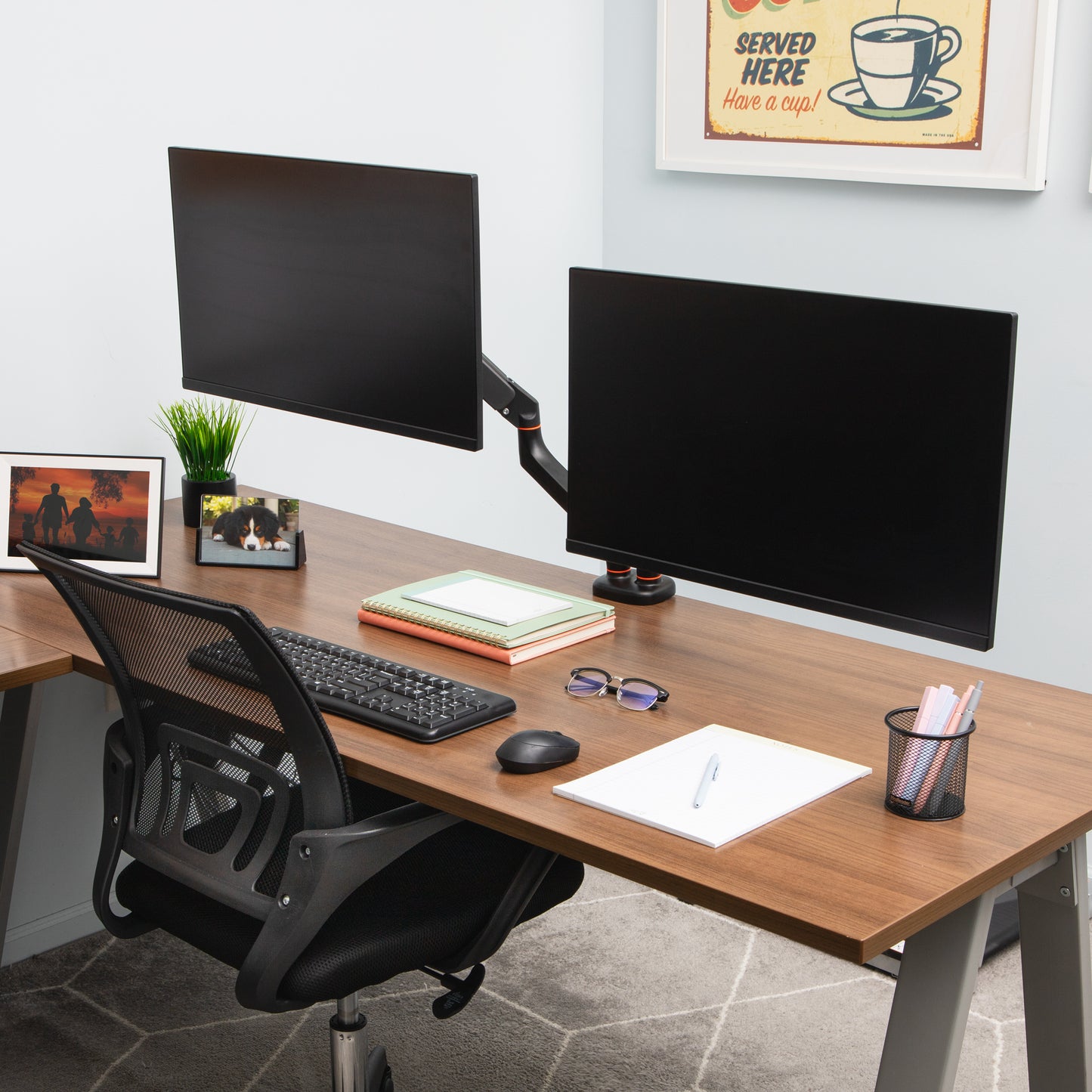 Mind Reader Dual Monitor Gas Spring Desk Mount, Counter-Balance Arm for 13"–32" Monitors, VESA 75x75 / 100x100, ±180° Rotation, ±65° Tilt, ±180° Swivel, 19.8 lb Capacity Each, Cable Management, Black