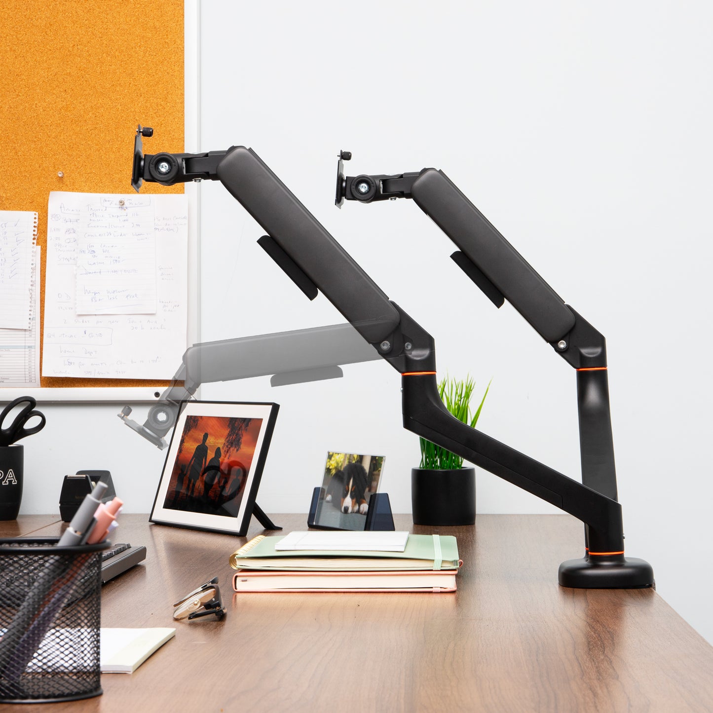 Mind Reader Dual Monitor Gas Spring Desk Mount, Counter-Balance Arm for 13"–32" Monitors, VESA 75x75 / 100x100, ±180° Rotation, ±65° Tilt, ±180° Swivel, 19.8 lb Capacity Each, Cable Management, Black