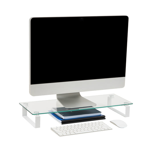 Mind Reader Monitor Stand, Contemporary, Desktop Organizer, Laptop Riser, Office, Glass, 22"L x 8.25"W x 3"H, Clear