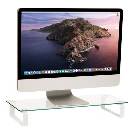 Mind Reader Monitor Stand, Contemporary, Desktop Organizer, Laptop Riser, Office, Glass, 22"L x 8.25"W x 3"H, Clear