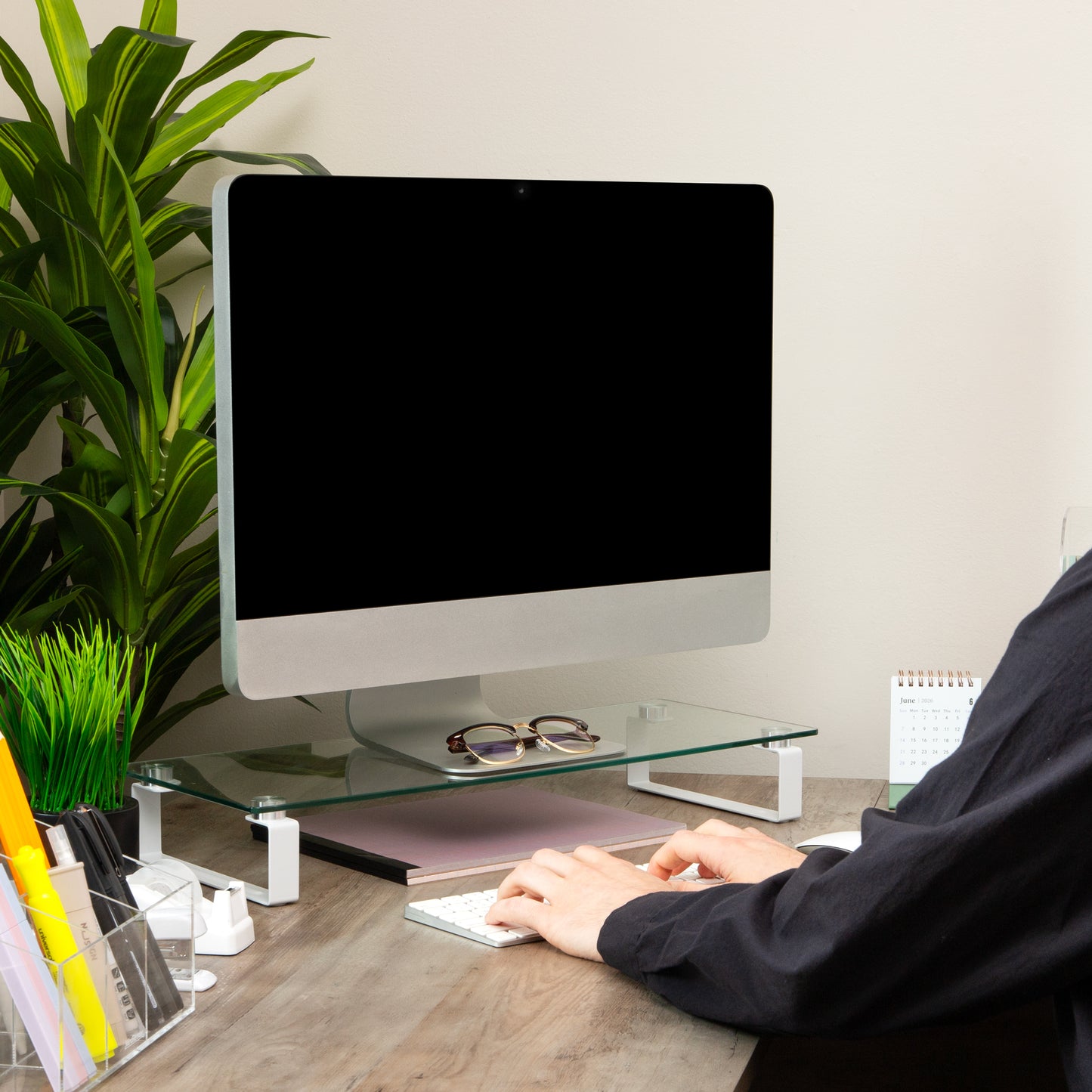 Mind Reader Monitor Stand, Contemporary, Desktop Organizer, Laptop Riser, Office, Glass, 22"L x 8.25"W x 3"H, Clear