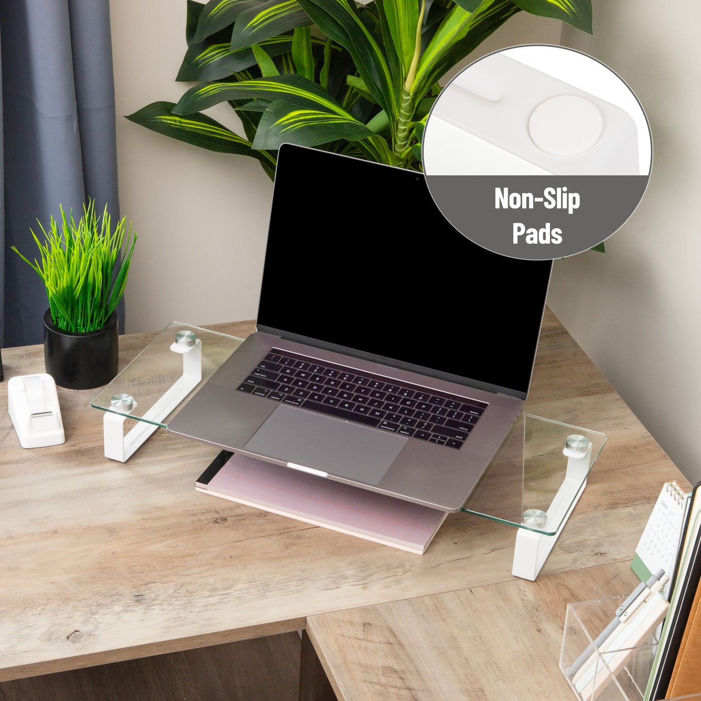 Mind Reader Monitor Stand, Contemporary, Desktop Organizer, Laptop Riser, Office, Glass, 22"L x 8.25"W x 3"H, Clear
