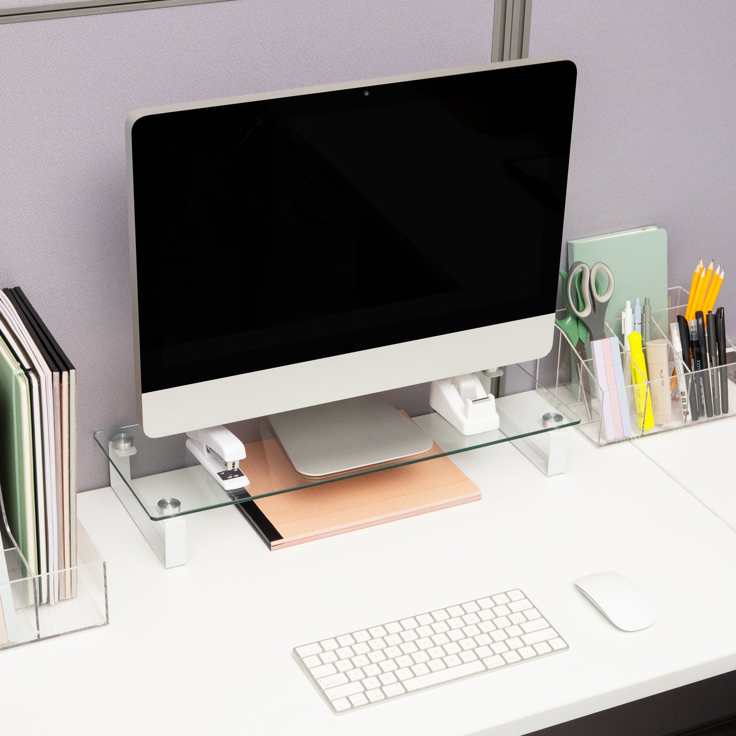 Mind Reader Monitor Stand, Contemporary, Desktop Organizer, Laptop Riser, Office, Glass, 22"L x 8.25"W x 3"H, Clear