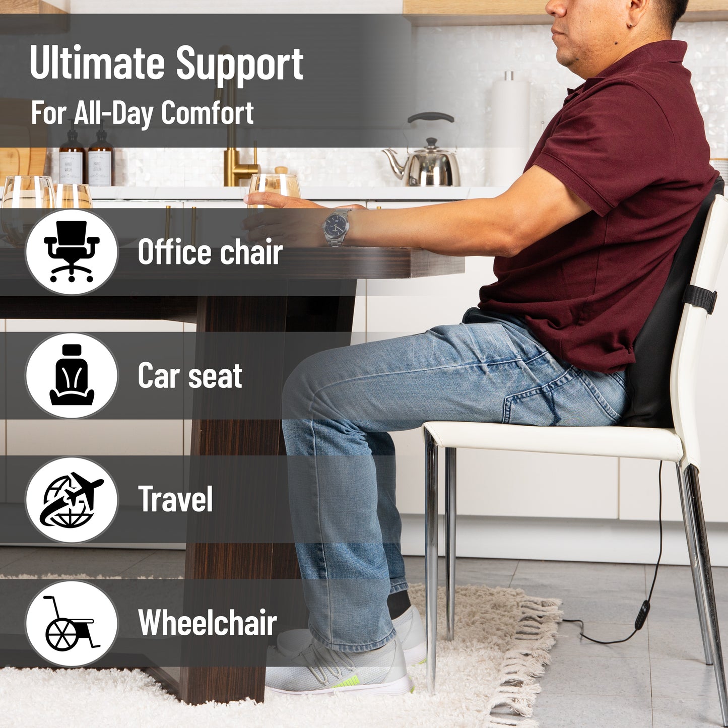 Mind Reader Heated Air-Cloud Lumbar Cushion, Ergonomic Memory Foam Back Support Pillow with Adjustable Heat Settings and Timer, Black