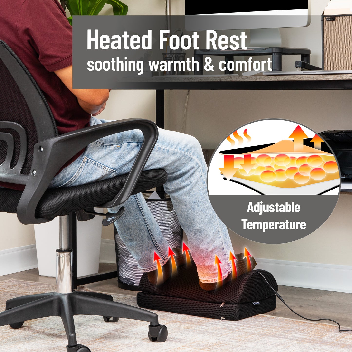Mind Reader Heated Memory Foam Footrest, Under Desk Ergonomic Support with 4 Heat Settings, Timer & Auto Shut-Off, Adjustable Height, Black