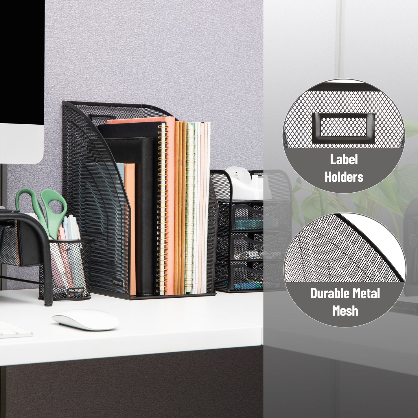 Mind Reader Vertical File Storage, Desktop Organizer, Workspace, Office, Metal Mesh, 6.25"L x 10"W x 12.5"H, Set of 2, Black