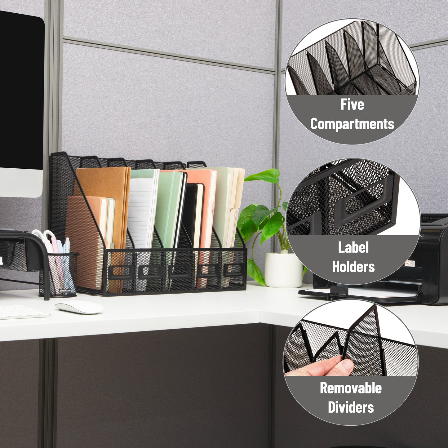 Mind Reader 5-Compartment Vertical File Organizer, Desktop Paper Sorter, Office, Metal Mesh, Black
