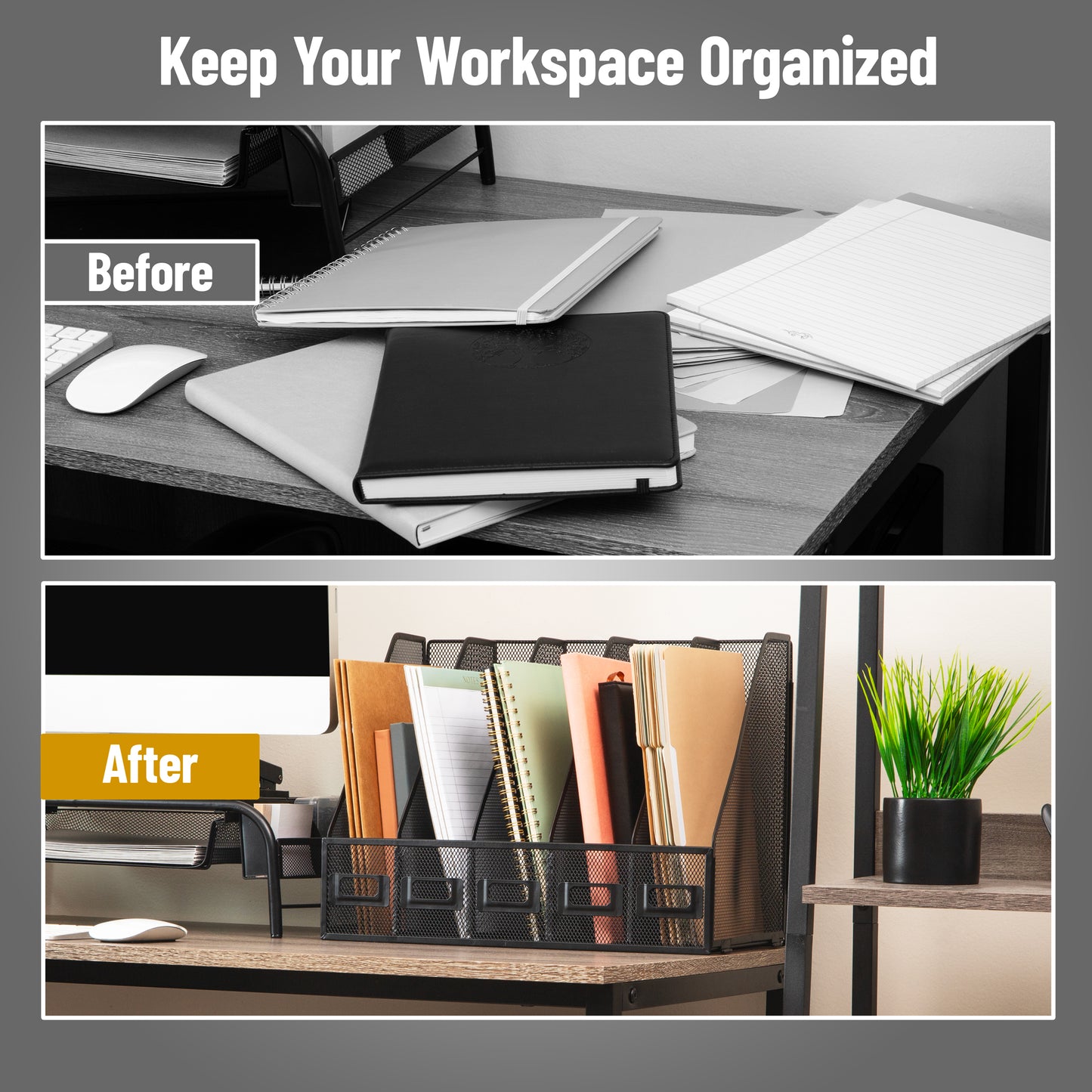 Mind Reader 5-Compartment Vertical File Organizer, Desktop Paper Sorter, Office, Metal Mesh, Black