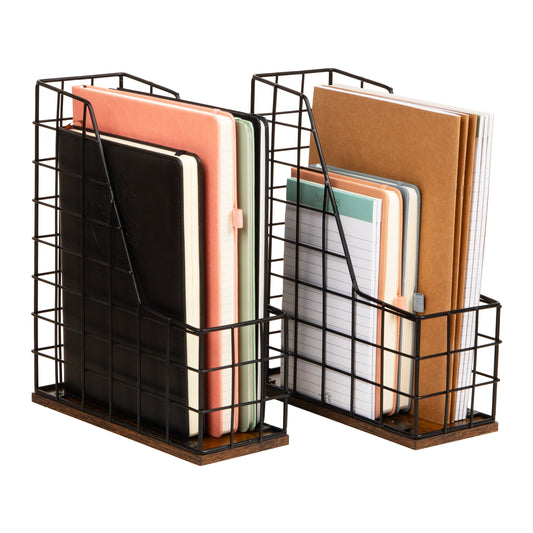 Mind Reader Vertical File Organizer with Wood Base and Black Metal Frame, Desktop Magazine Holder, Modern File Rack, Metal and Wood, Black