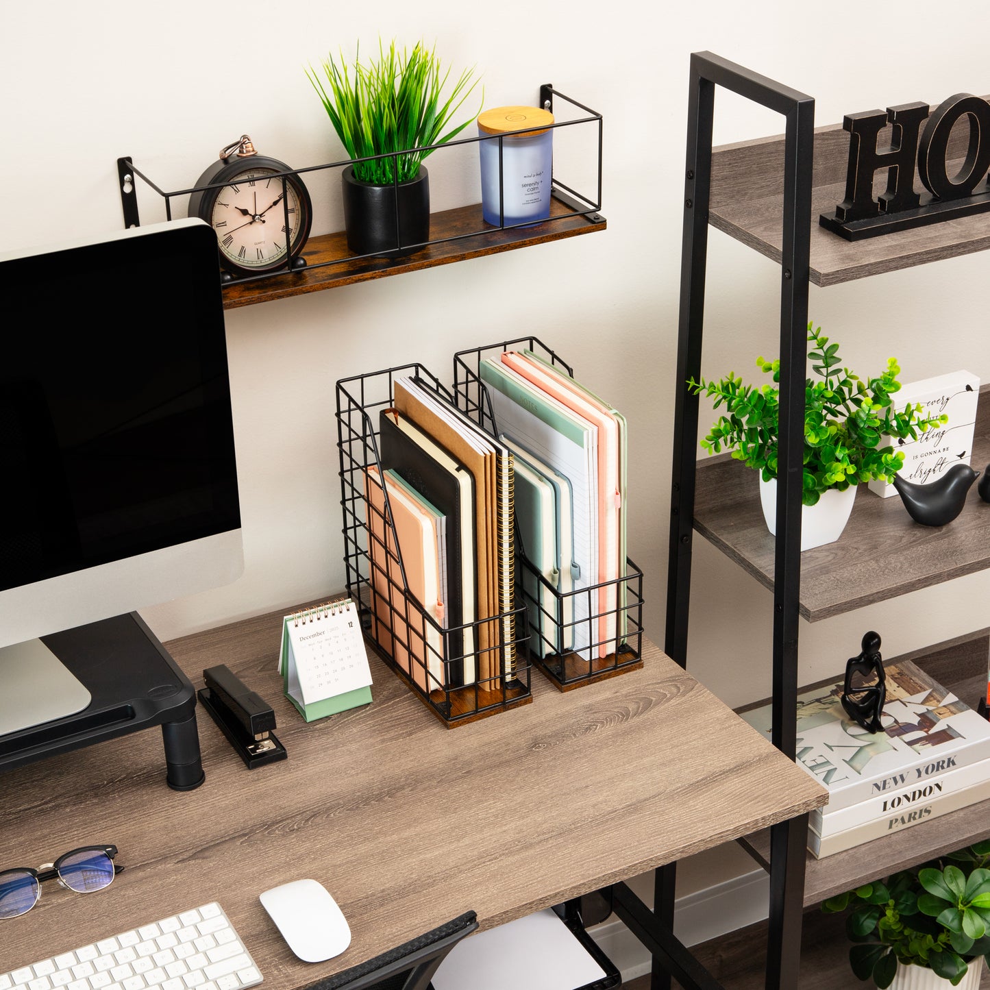 Mind Reader Vertical File Organizer with Wood Base and Black Metal Frame, Desktop Magazine Holder, Modern File Rack, Metal and Wood, Black