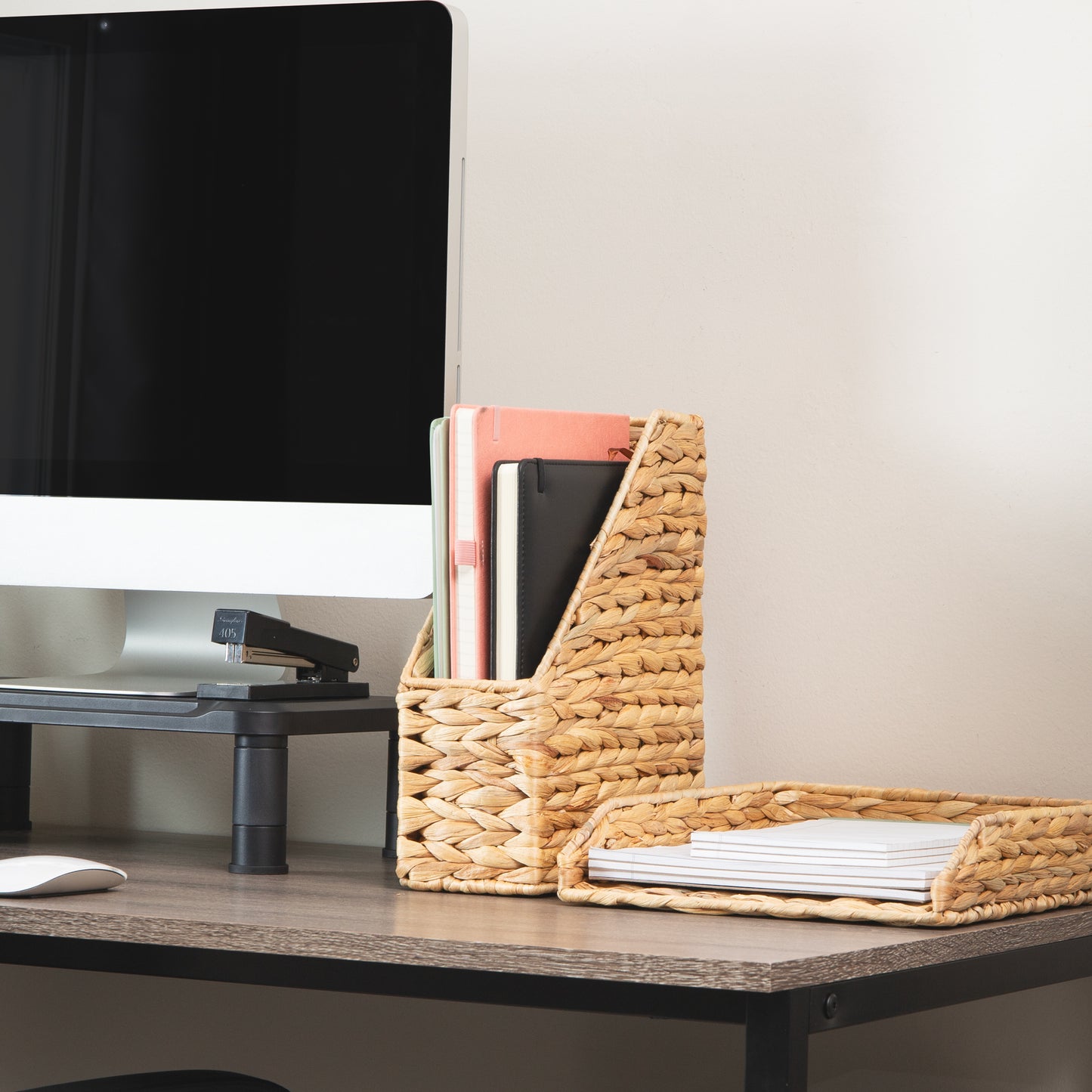Mind Reader Rattan Vertical File Organizer with Iron Frame, Desktop Organizer, Holds Letter Size Documents, Brown