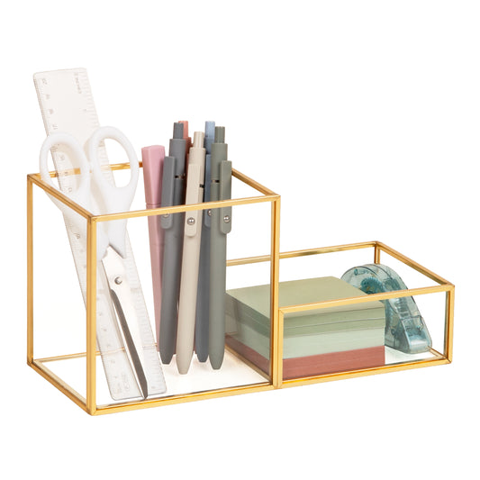 Mind Reader 2-Compartment Glass Catch-All Tray with Copper Trim, Desk Accessory Organizer for Office Supplies, Keys & Small Items, Glass and Copper, Clear
