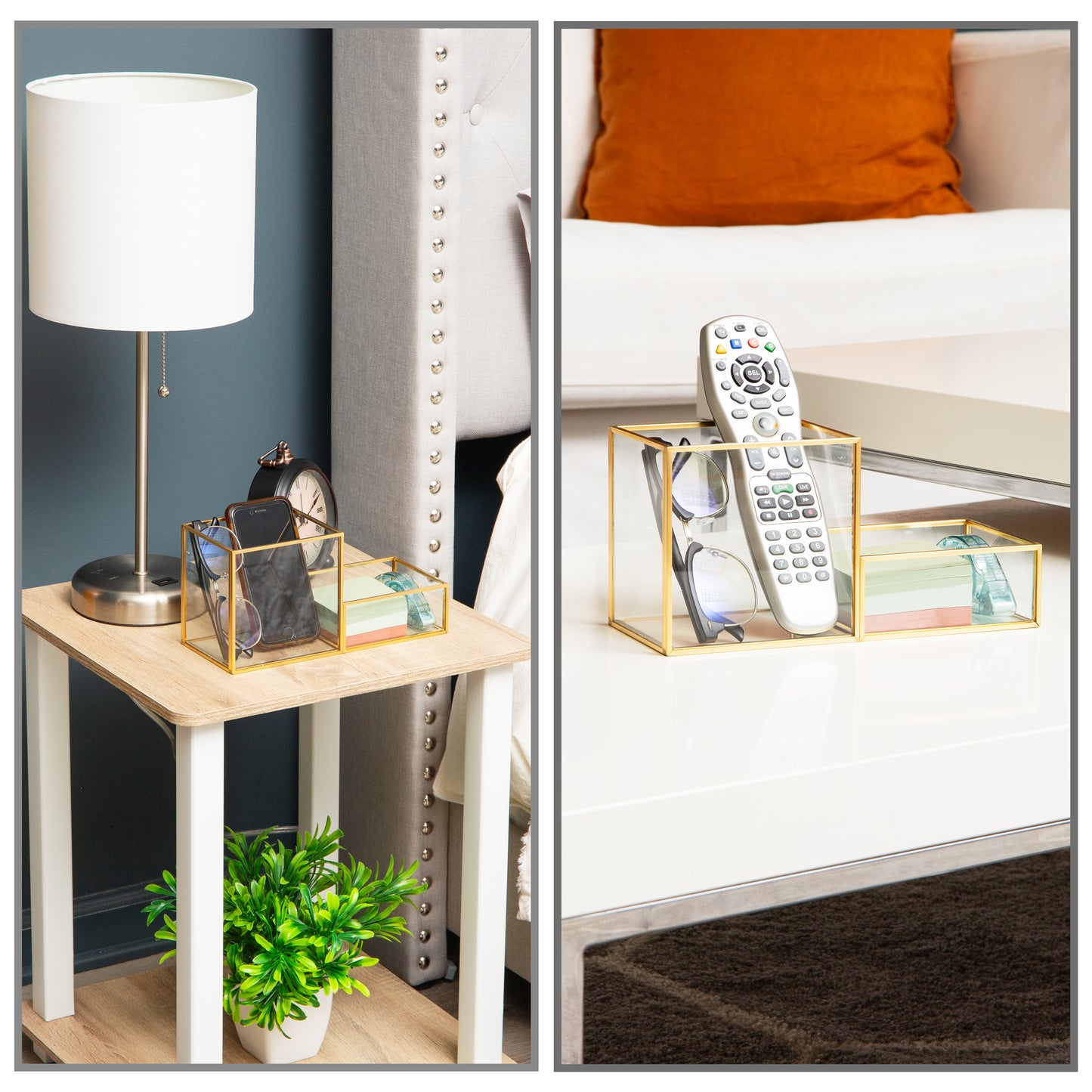 Mind Reader 2-Compartment Glass Catch-All Tray with Copper Trim, Desk Accessory Organizer for Office Supplies, Keys & Small Items, Glass and Copper, Clear