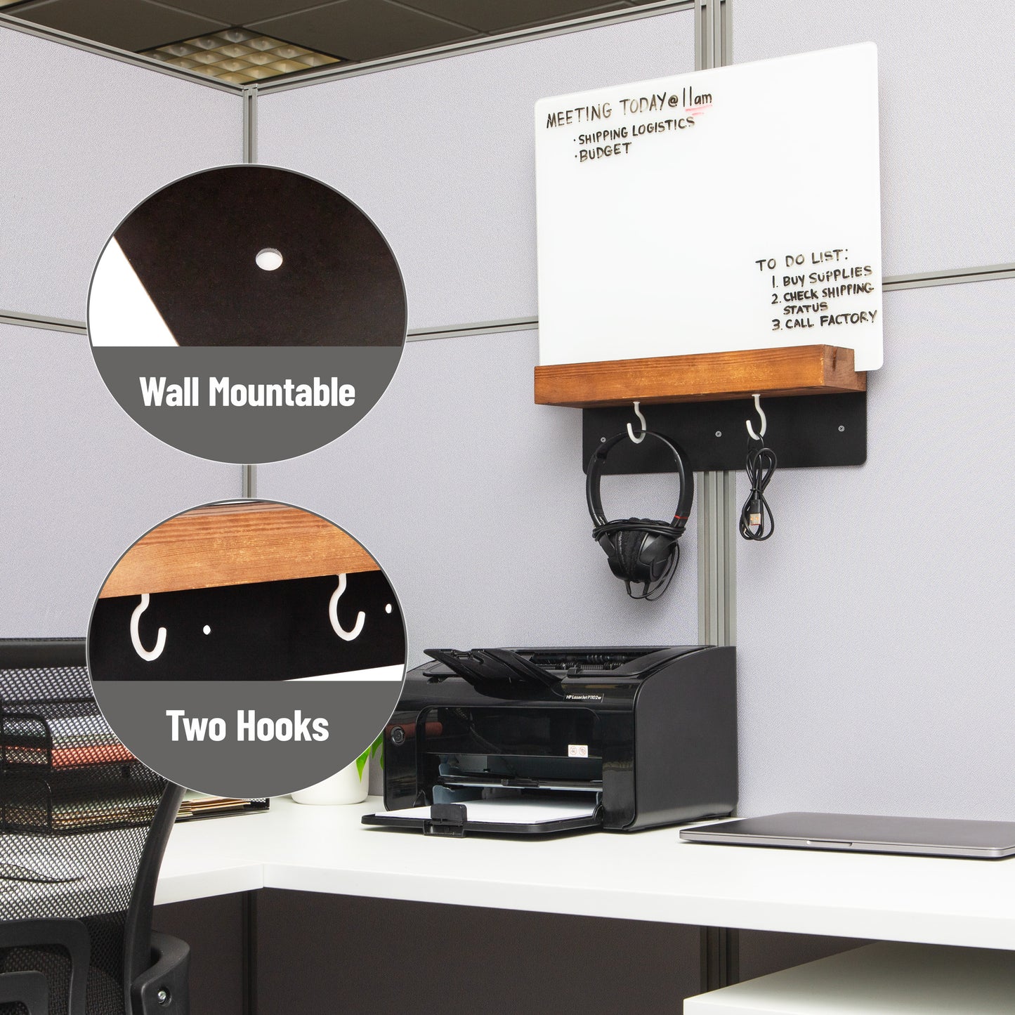 Mind Reader Whiteboard Message Center, Glass Dry Erase Board with Wood Holder and Hooks, Removable Whiteboard for Office or Home, Wall Mounted, 18" x 14"