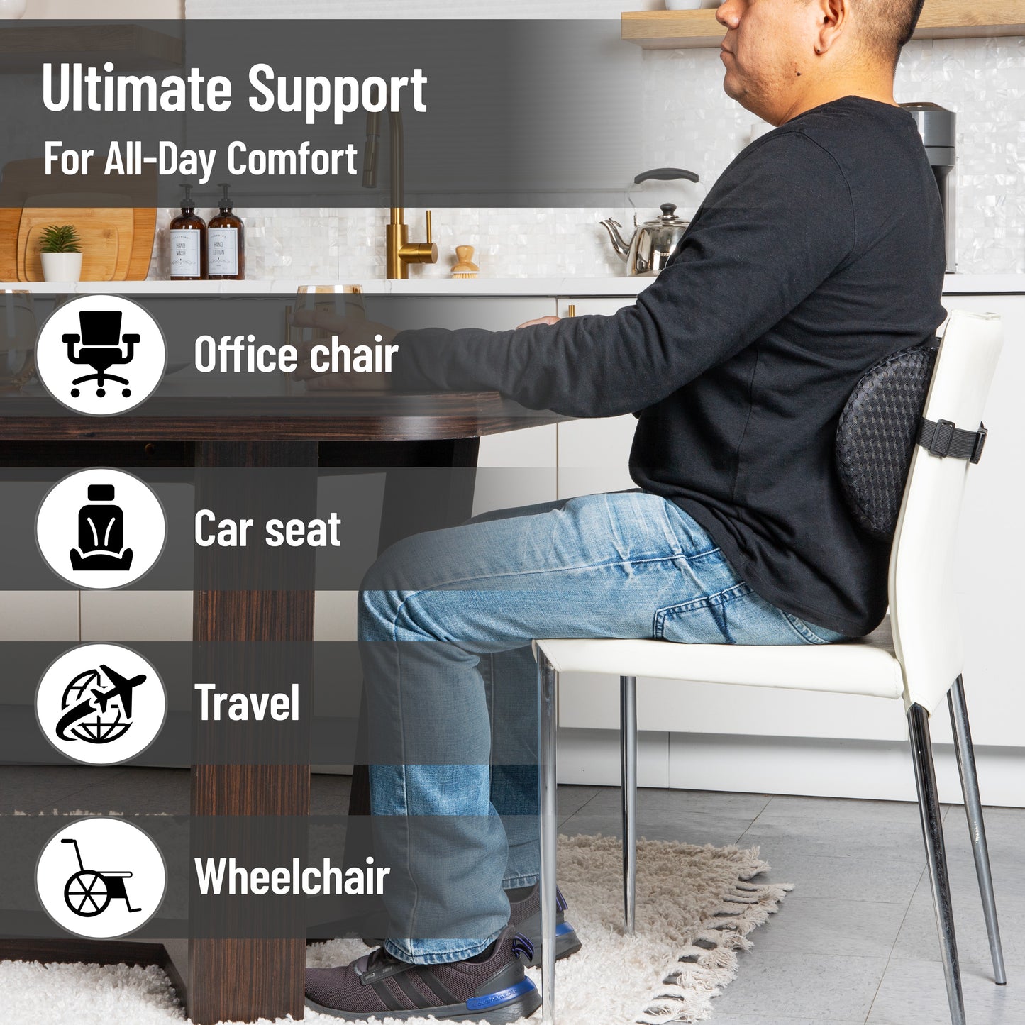 Mind Reader Lumbar Support Pillow with Air-Cloud Technology, Memory Foam Cushion for Back, Waist & Hip Pain Relief, Breathable Cover, Black