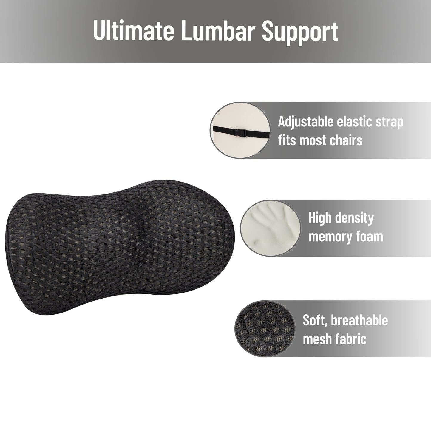 Mind Reader Lumbar Support Pillow with Air-Cloud Technology, Memory Foam Cushion for Back, Waist & Hip Pain Relief, Breathable Cover, Black