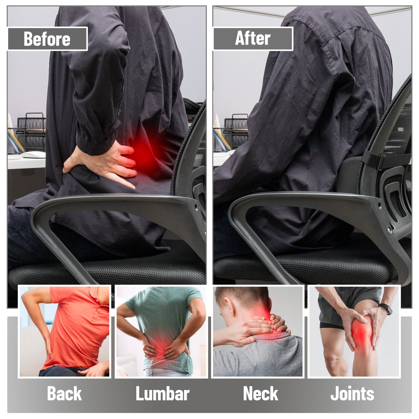 Mind Reader Lumbar Roll Pillow with Air-Cloud Memory Foam, Back, Waist & Hip Support, Breathable Cover & Adjustable Strap, Black