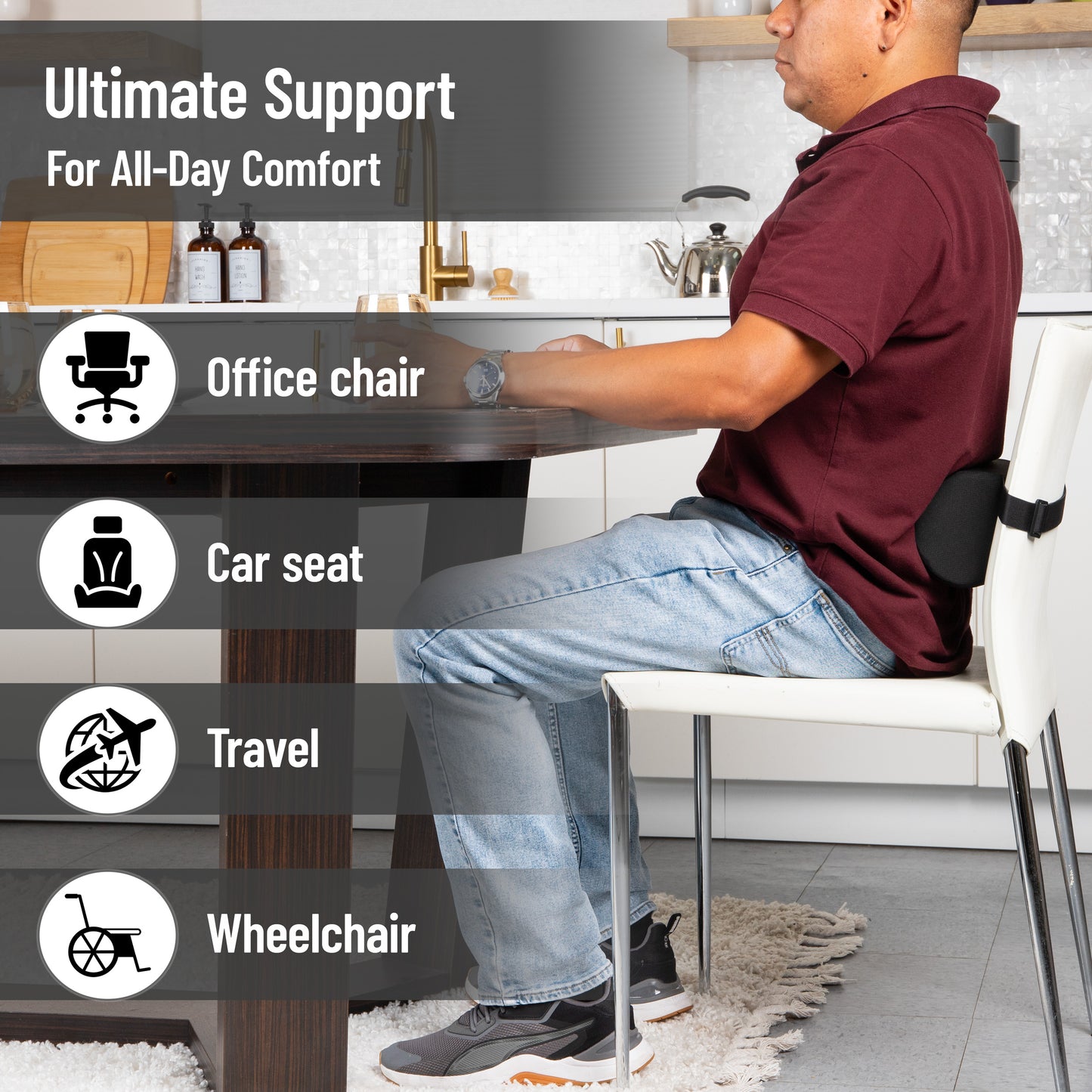 Mind Reader Lumbar Roll Pillow with Air-Cloud Memory Foam, Back, Waist & Hip Support, Breathable Cover & Adjustable Strap, Black