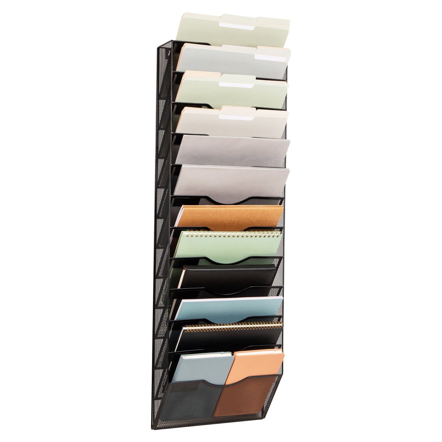 Mind Reader Wall Mounted File Organizer, 12 Tier Wire Mesh Document Holder with Metal Label Plates for Documents, Folders, and Magazines, Black
