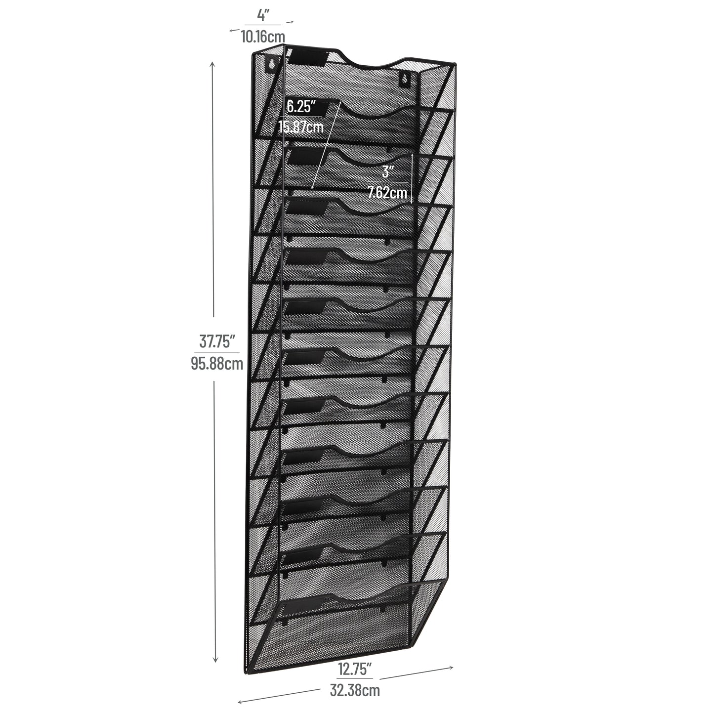 Mind Reader Wall Mounted File Organizer, 12 Tier Wire Mesh Document Holder with Metal Label Plates for Documents, Folders, and Magazines, Black