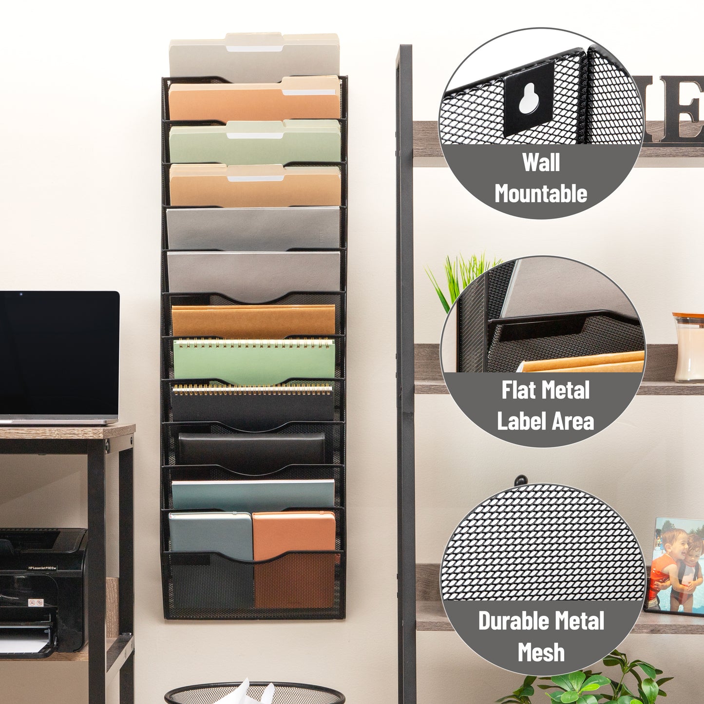 Mind Reader Wall Mounted File Organizer, 12 Tier Wire Mesh Document Holder with Metal Label Plates for Documents, Folders, and Magazines, Black