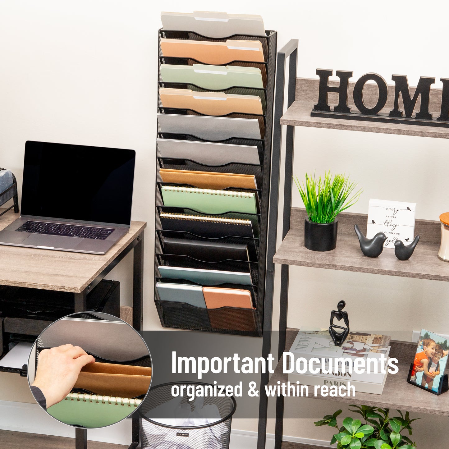 Mind Reader Wall Mounted File Organizer, 12 Tier Wire Mesh Document Holder with Metal Label Plates for Documents, Folders, and Magazines, Black