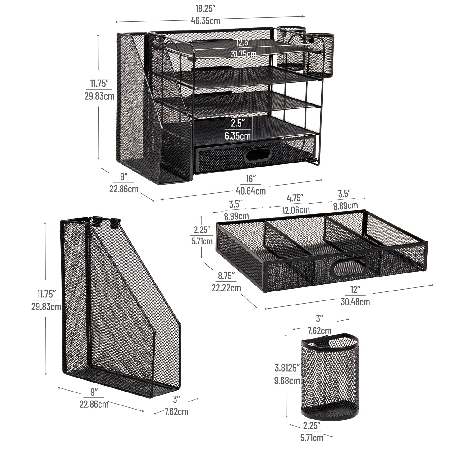 Mind Reader Mesh Desk Organizer, 4 Trays, 1 Drawer, File Holder, 2 Pen Cups, Office Desktop Organizer, Metal Mesh, Black