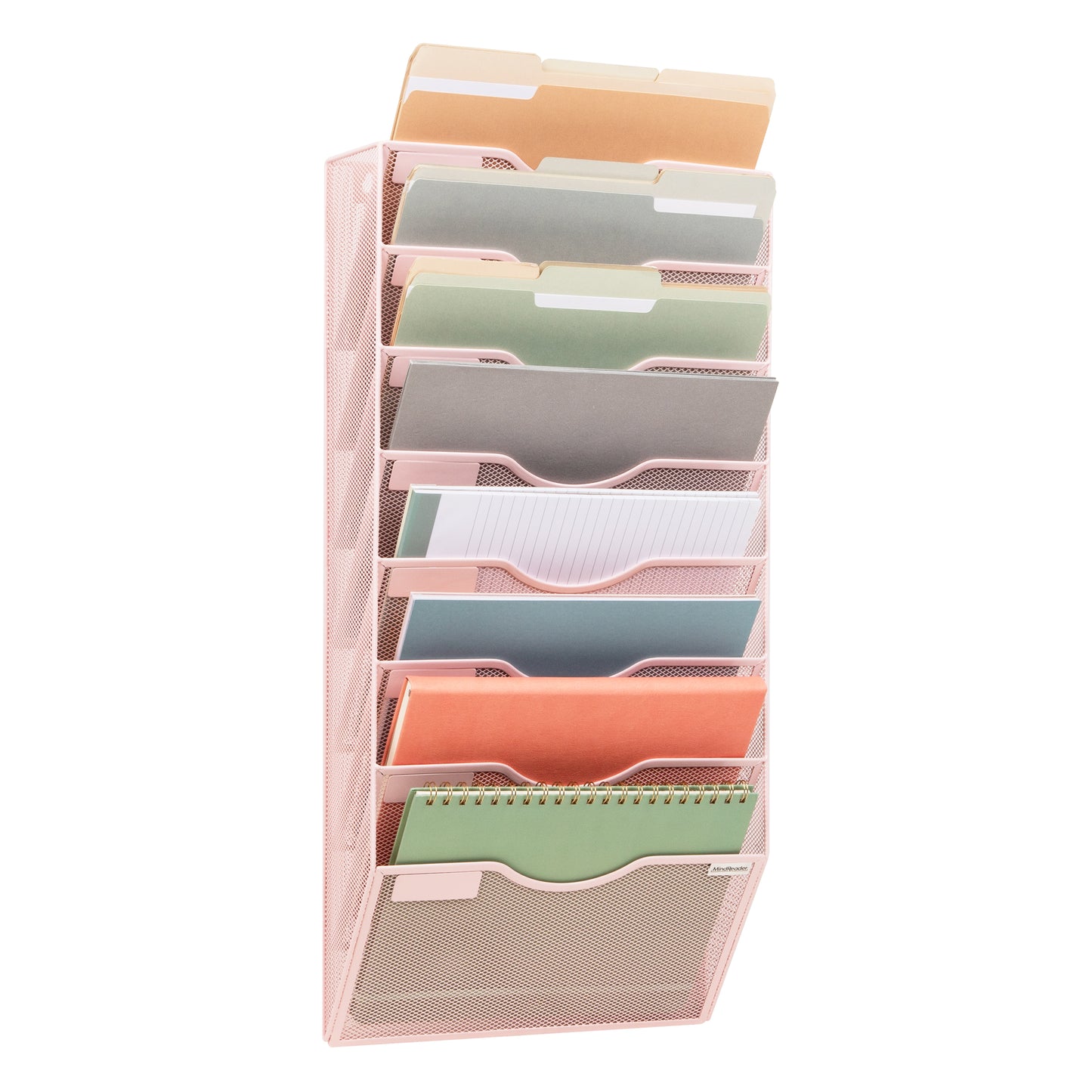 Mind Reader Wall File Organizer, 8 Pocket Hanging Document Rack, Office Wall Mount, Metal Mesh, Pink