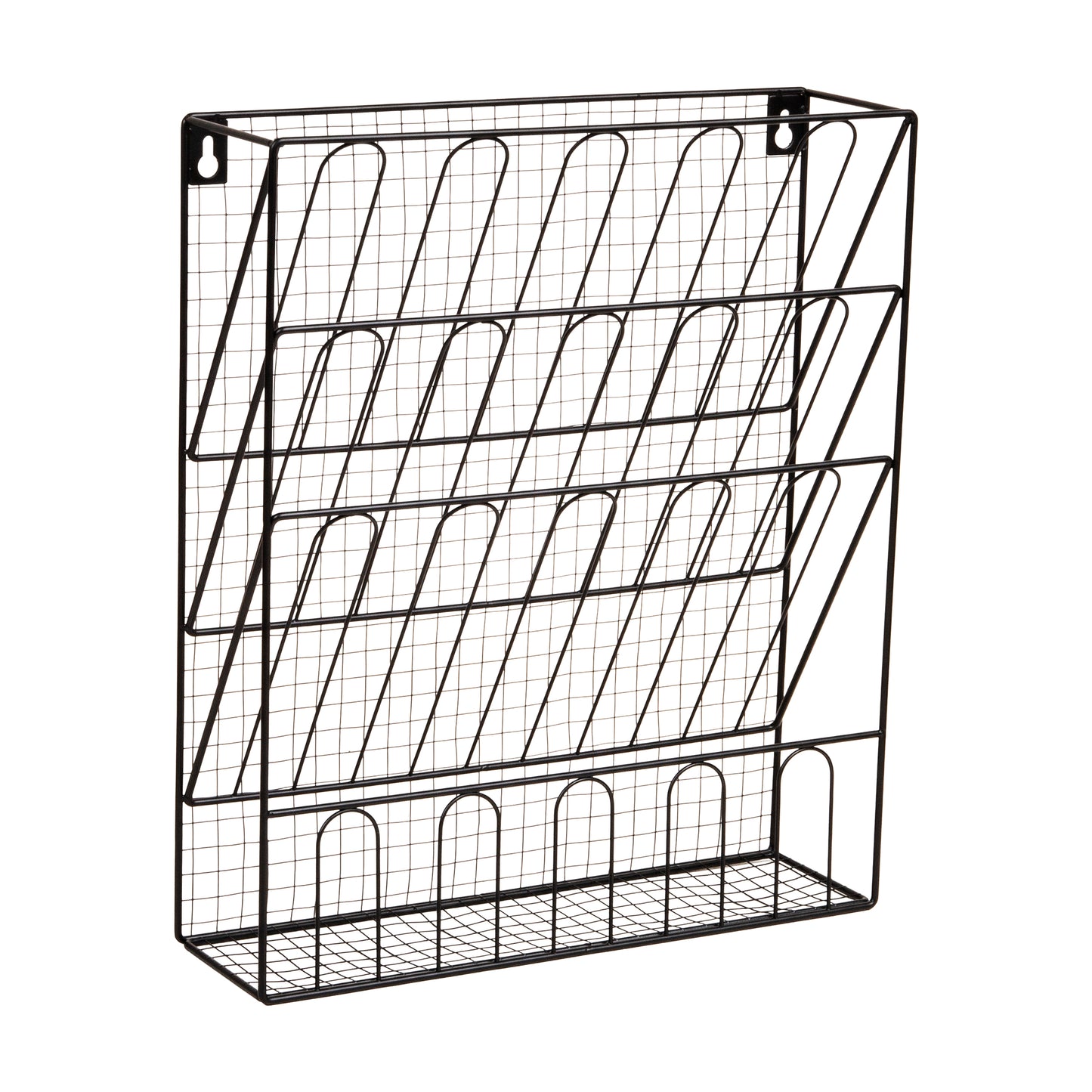 Mind Reader Metal Wire Desktop Organizer, Vertical File Holder , Hooks and Storage Tray, Wall Mount or Desktop, Metal, Black