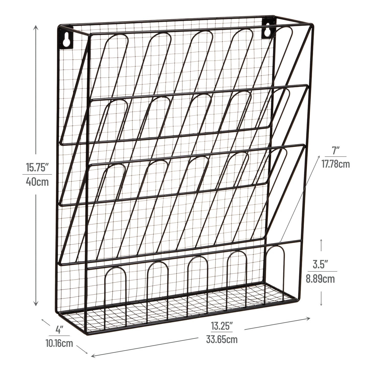 Mind Reader Metal Wire Desktop Organizer, Vertical File Holder , Hooks and Storage Tray, Wall Mount or Desktop, Metal, Black