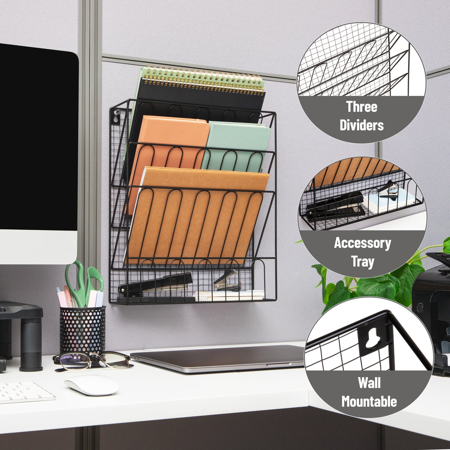 Mind Reader Metal Wire Desktop Organizer, Vertical File Holder , Hooks and Storage Tray, Wall Mount or Desktop, Metal, Black