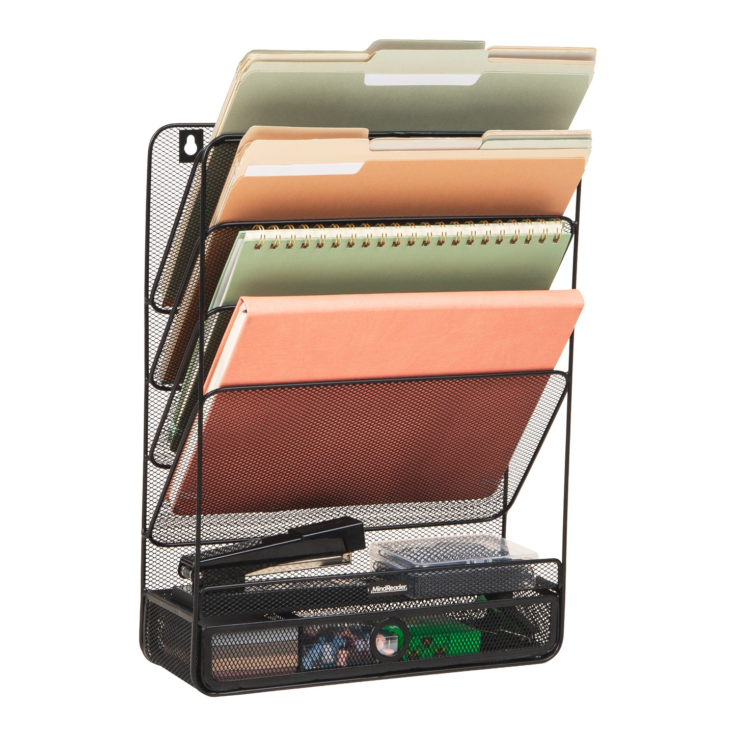 Mind Reader 4-Tier Vertical File Storage, Desktop Organizer, Wall Mount, Office, Metal Mesh, 12.5"L x 4"W x 16.5"H, Black