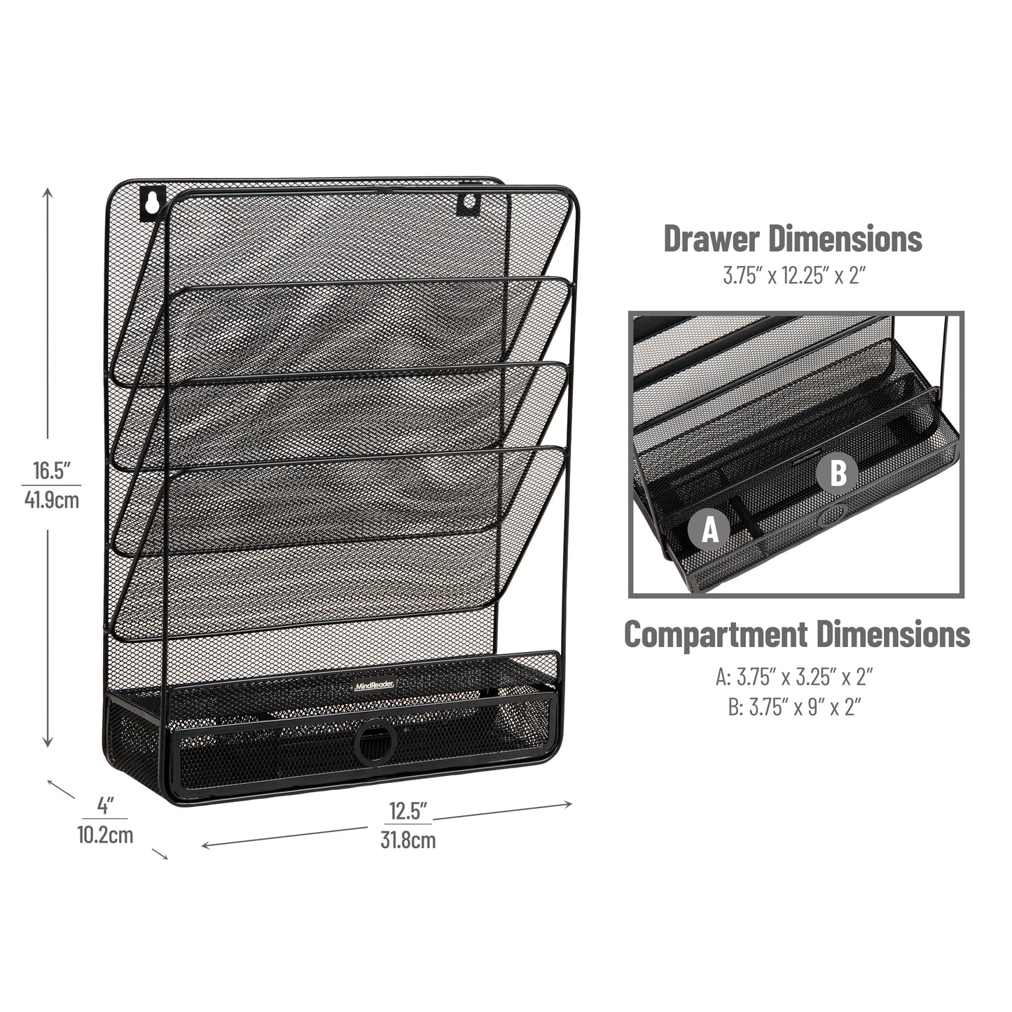 Mind Reader 4-Tier Vertical File Storage, Desktop Organizer, Wall Mount, Office, Metal Mesh, 12.5"L x 4"W x 16.5"H, Black