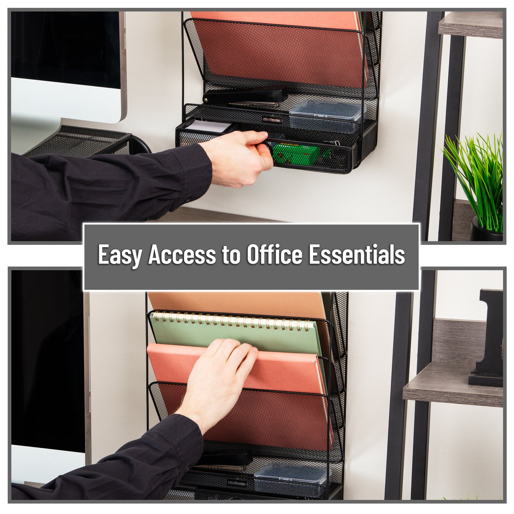 Mind Reader Metal Mesh Desktop Organizer, Vertical File Holder With Office Supplies, Black, 12.5x9x7.25 Inches