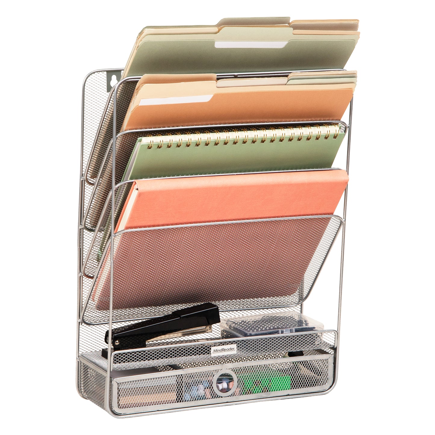 Mind Reader 4-Tier Vertical File Storage, Desktop Organizer, Wall Mount, Office, Metal Mesh, 12.5"L x 4"W x 16.5"H, Black