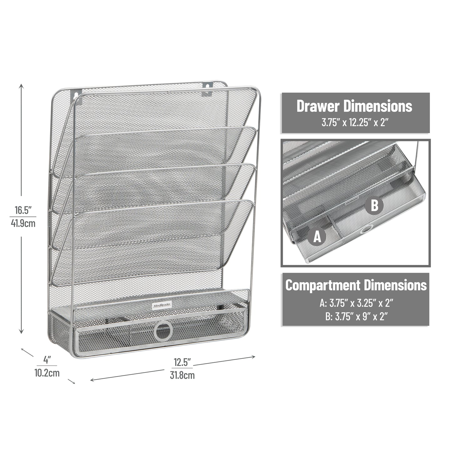 Mind Reader 4-Tier Vertical File Storage, Desktop Organizer, Wall Mount, Office, Metal Mesh, 12.5"L x 4"W x 16.5"H, Black