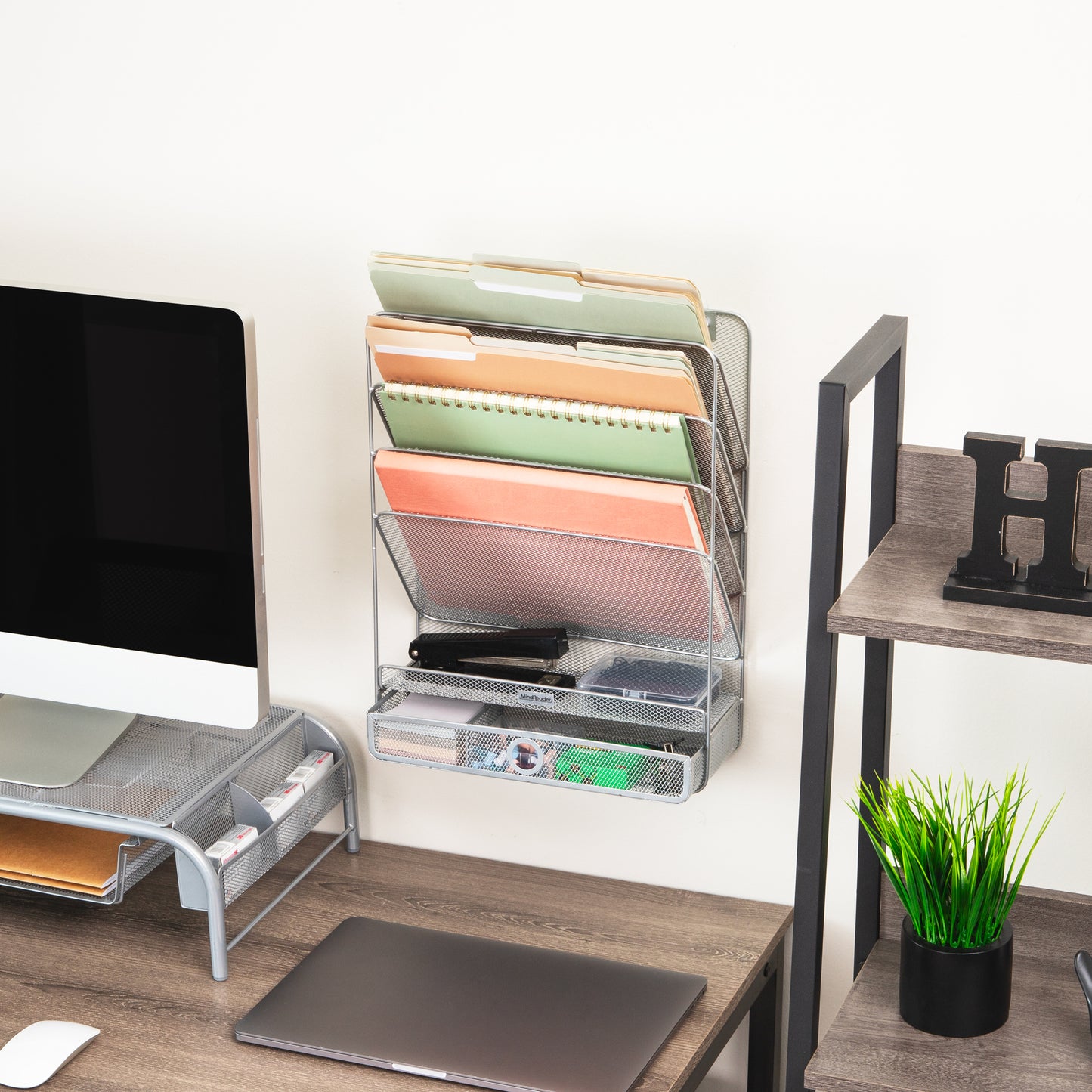 Mind Reader 4-Tier Vertical File Storage, Desktop Organizer, Wall Mount, Office, Metal Mesh, 12.5"L x 4"W x 16.5"H, Black