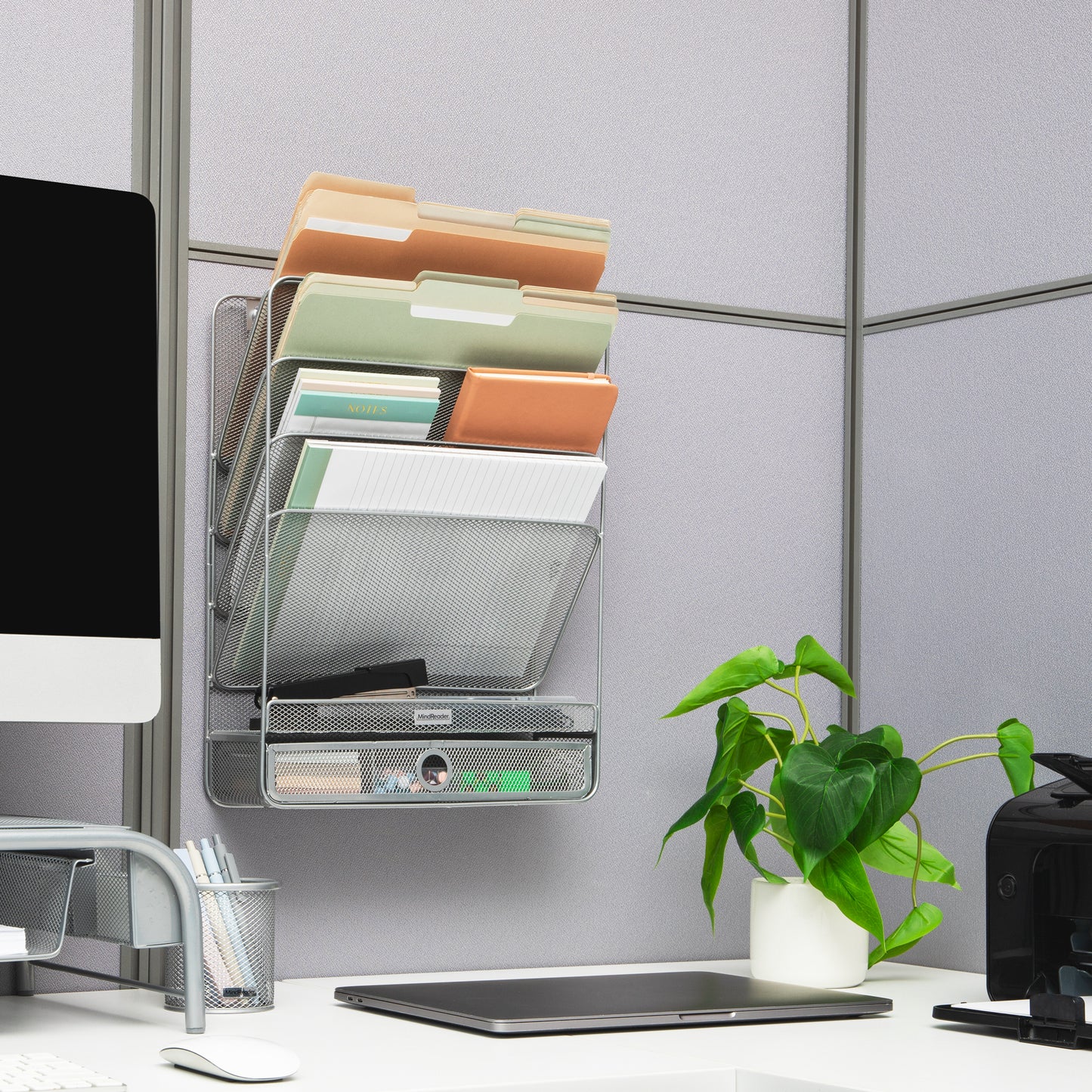 Mind Reader 4-Tier Vertical File Storage, Desktop Organizer, Wall Mount, Office, Metal Mesh, 12.5"L x 4"W x 16.5"H, Black