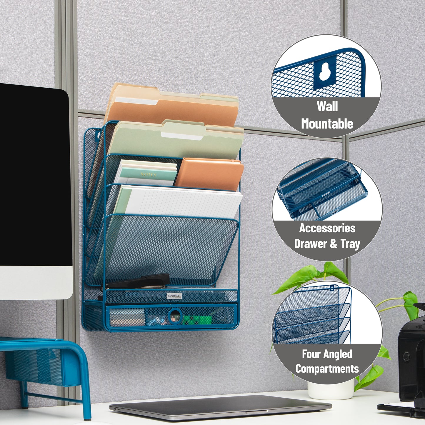 Mind Reader 4-Tier Vertical File Storage, Desktop Organizer, Wall Mount, Office, Metal Mesh, 12.5"L x 4"W x 16.5"H, Black