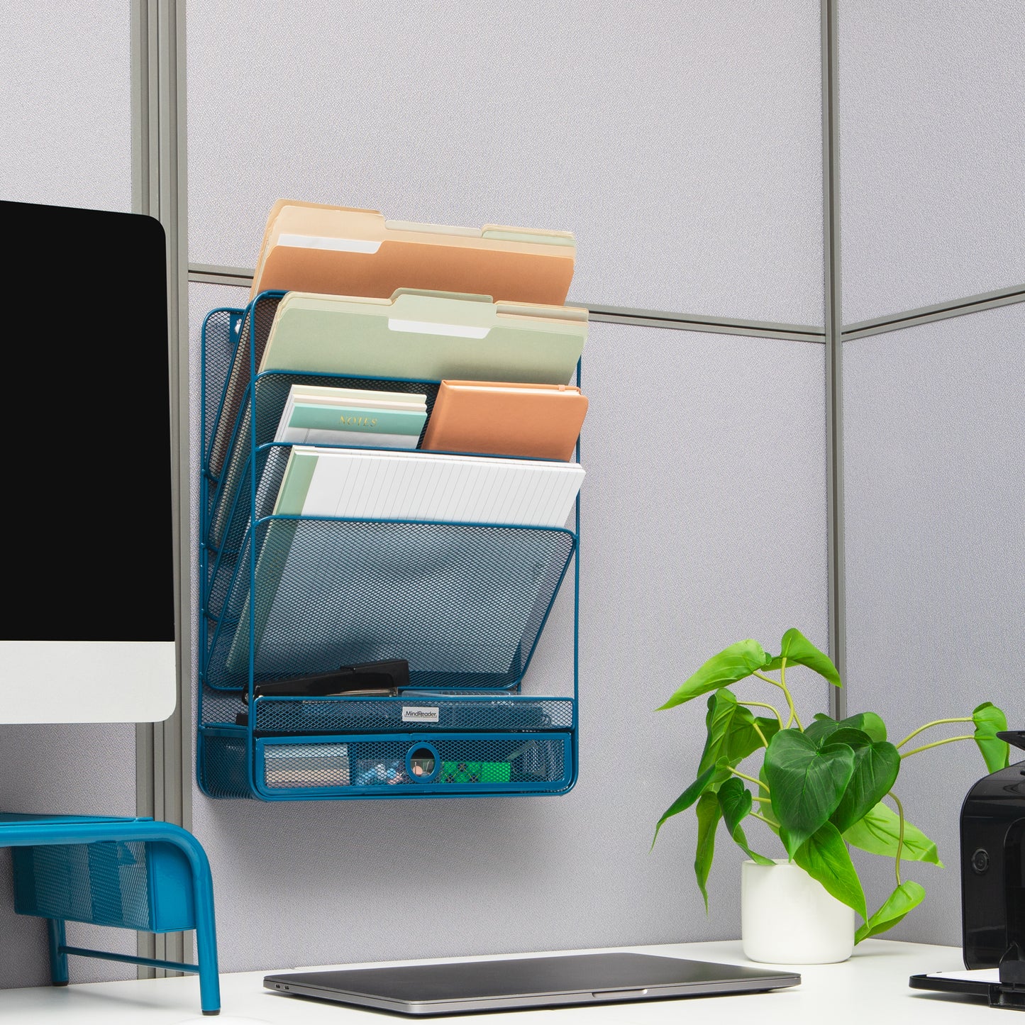 Mind Reader 4-Tier Vertical File Storage, Desktop Organizer, Wall Mount, Office, Metal Mesh, 12.5"L x 4"W x 16.5"H, Black