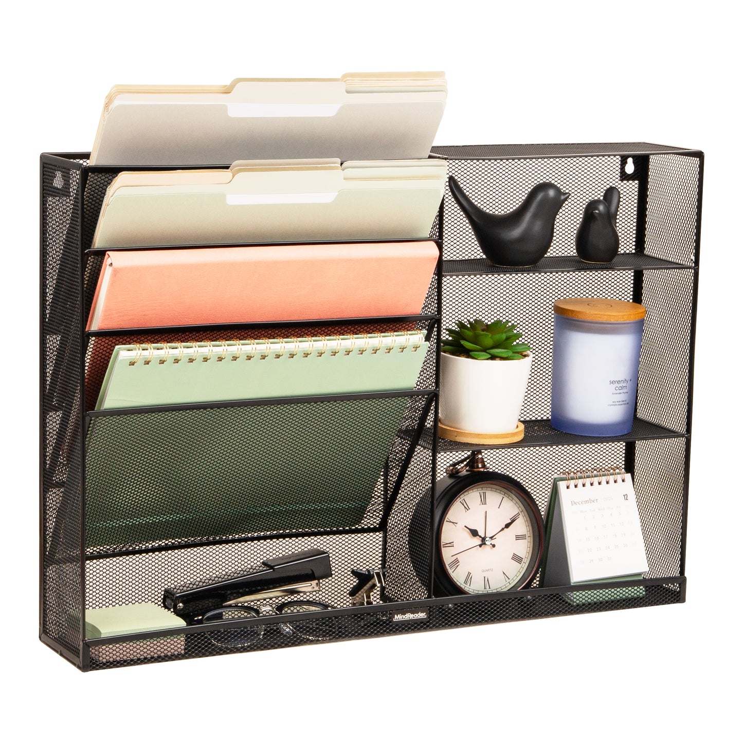 Mind Reader 4-Tier Vertical File Storage and Shelves, Desktop Organizer, Wall Mount, Office, Metal Mesh, 22.5"L x 4"W x 16"H, Black