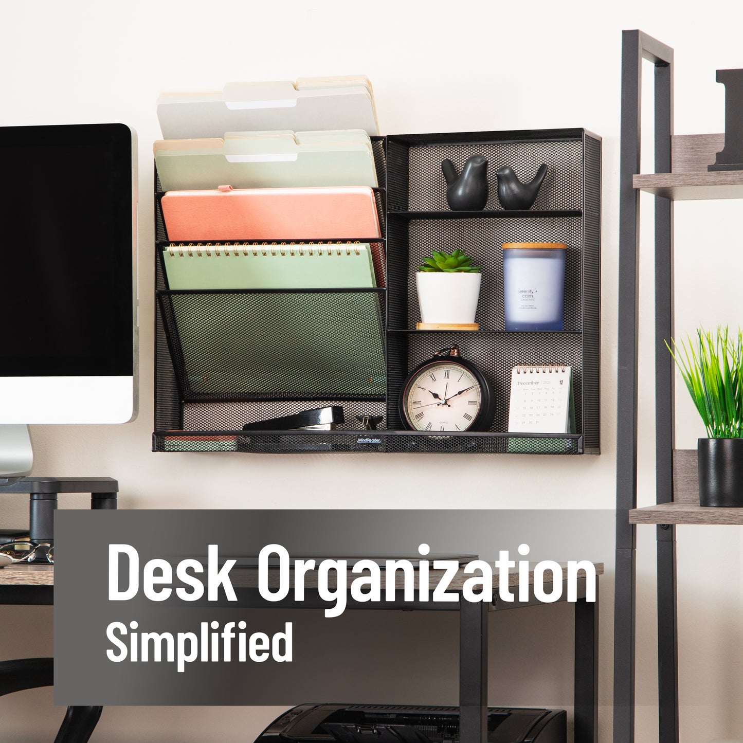 Mind Reader 4-Tier Vertical File Storage and Shelves, Desktop Organizer, Wall Mount, Office, Metal Mesh, 22.5"L x 4"W x 16"H, Black