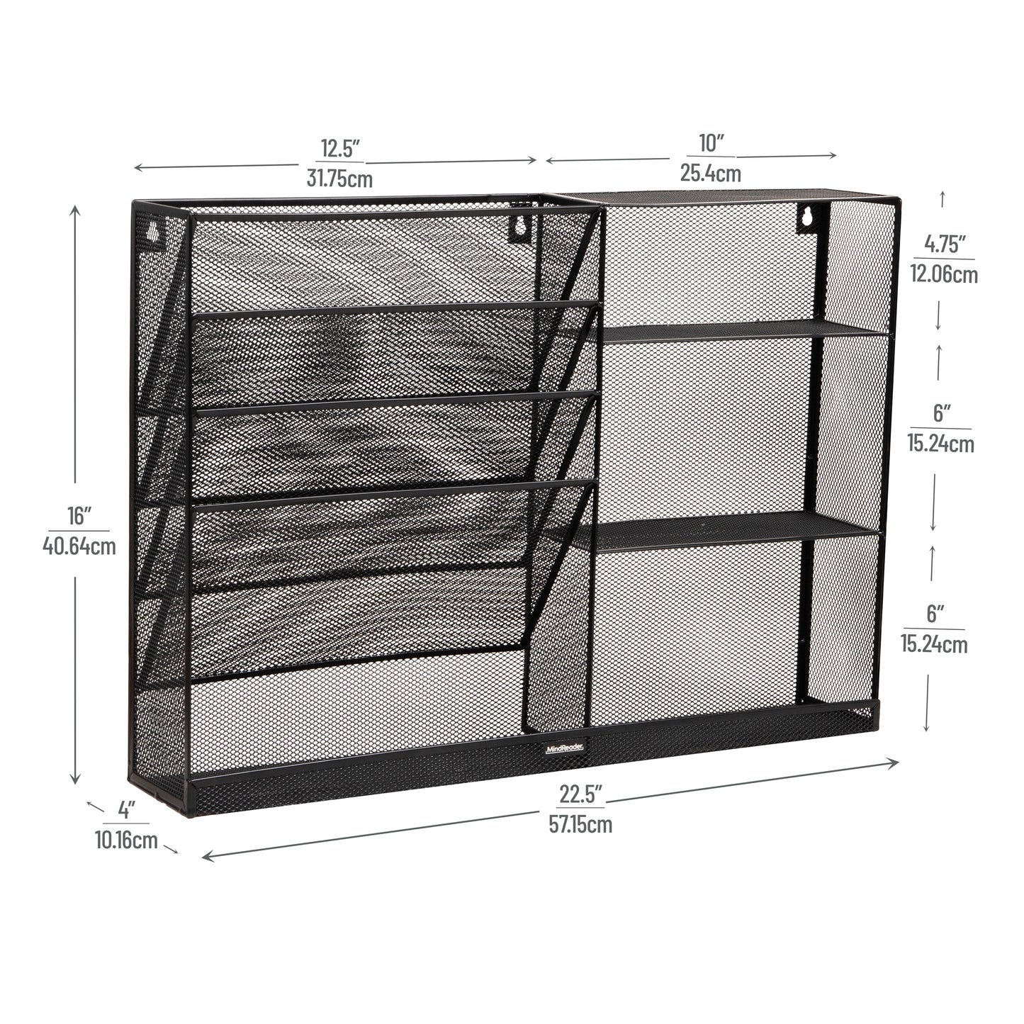Mind Reader 4-Tier Vertical File Storage and Shelves, Desktop Organizer, Wall Mount, Office, Metal Mesh, 22.5"L x 4"W x 16"H, Black