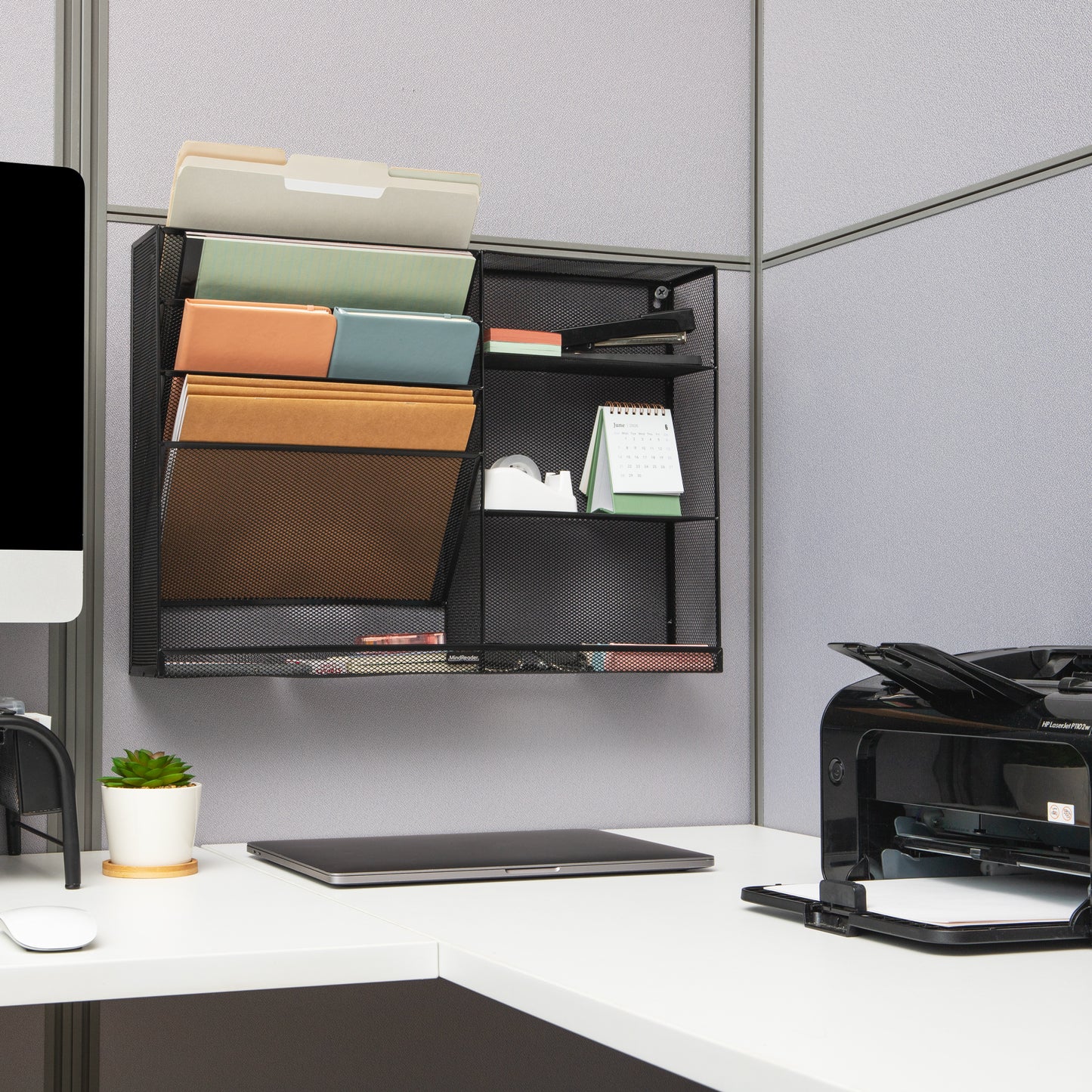 Mind Reader 4-Tier Vertical File Storage and Shelves, Desktop Organizer, Wall Mount, Office, Metal Mesh, 22.5"L x 4"W x 16"H, Black